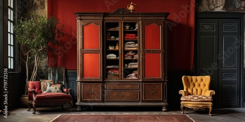Antique interiors with an eclectic furniture wardrobe, seen from the front.