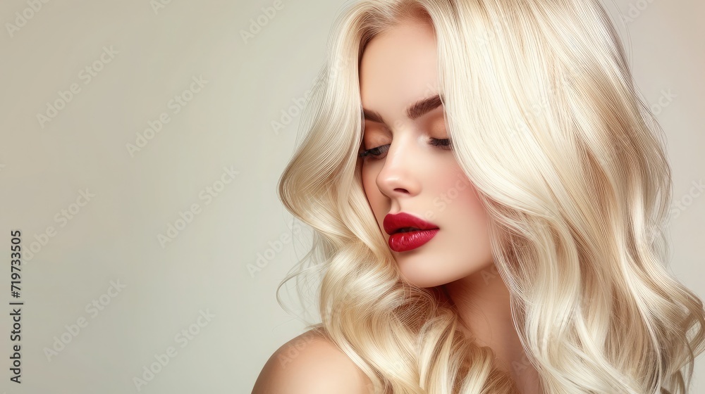 Beautiful girl with hair coloring in ultra blond. Stylish hairstyle done in a beauty salon. Fashion, cosmetics and makeup - obrazy, fototapety, plakaty 