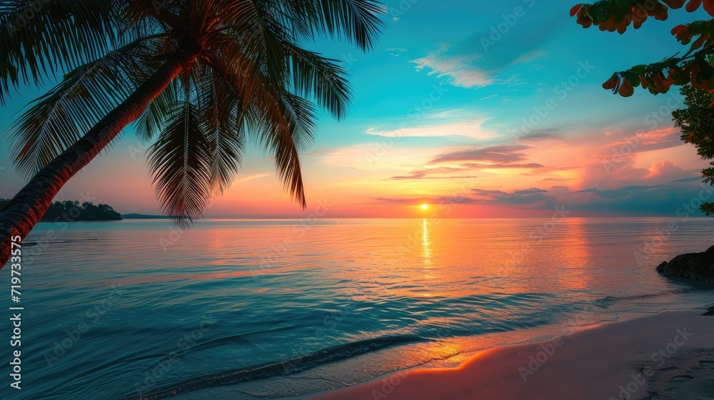 Beautiful panoramic sunset tropical paradise beach. Tranquil summer vacation or holiday landscape. Tropical sunset beach seaside palm calm sea panorama exotic nature view inspirational seascape
