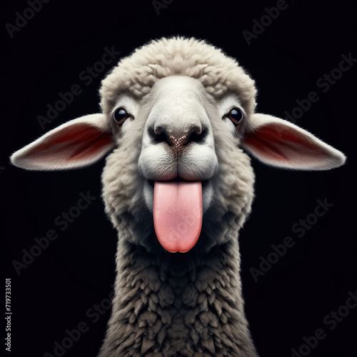 sheep and lamb, Funny sheep, sheep showing tongue, looking at camera, Bleating, Oveja o cordero, oveja divertida, high quality portrait, isolated black background. photo
