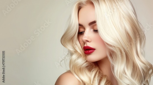 Beautiful girl with hair coloring in ultra blond. Stylish hairstyle done in a beauty salon. Fashion, cosmetics and makeup photo