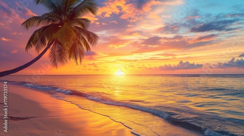 Beautiful panoramic sunset tropical paradise beach. Tranquil summer vacation or holiday landscape. Tropical sunset beach seaside palm calm sea panorama exotic nature view inspirational seascape