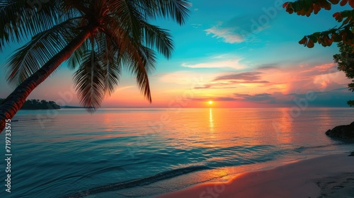 Beautiful panoramic sunset tropical paradise beach. Tranquil summer vacation or holiday landscape. Tropical sunset beach seaside palm calm sea panorama exotic nature view inspirational seascape © buraratn