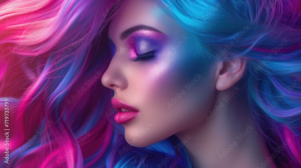 Beautiful woman with multi colored hair and creative make up and hairstyle. Beauty face.