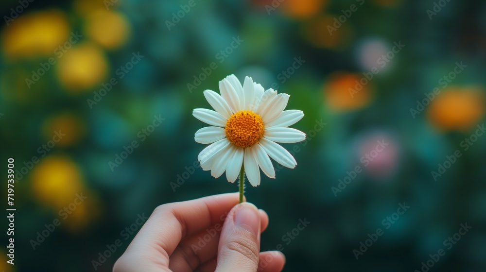 Hand presents a pristine daisy against a blurred backdrop of lush greenery Hand presents a pristine daisy against a blurred backdrop of lush greenery