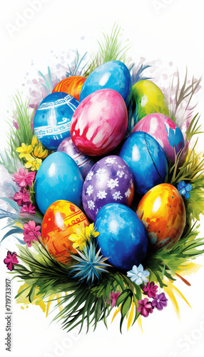 Vibrant Easter Eggs Nest Watercolor Illustration