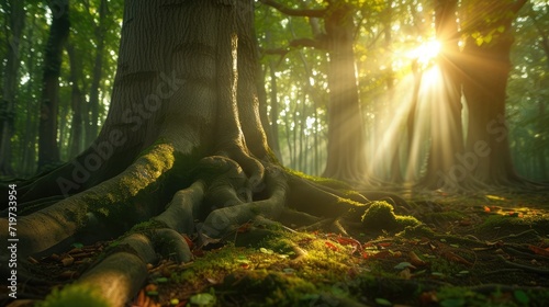 big tree roots and sunbeam in a green forest photo