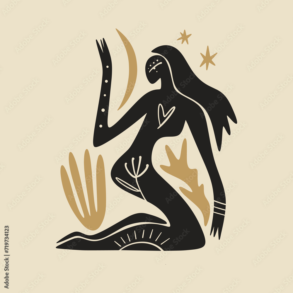 Sacred woman in Matisse style, meditating magic Reiki silhouette drawing, Bali moon wild young girl moon child.