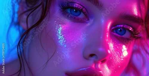 Colorful Beauty  Bright Blue Neon Glamour Makeup on Young Woman s Face  Elegant and Attractive.