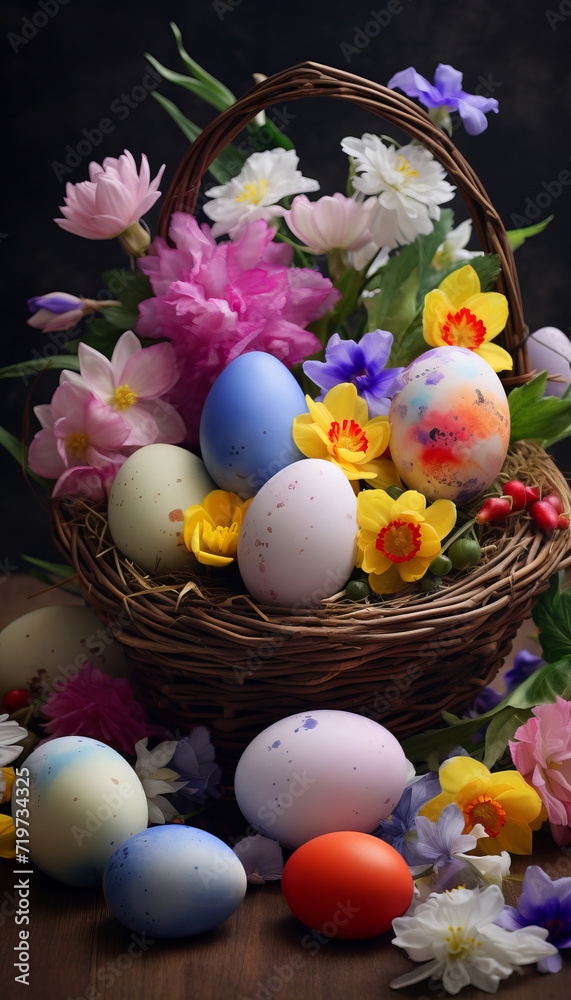 Easter Basket with Eggs and Spring Flowers