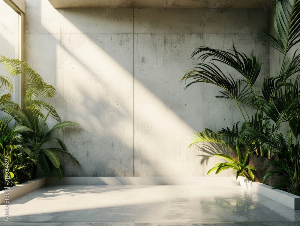 Blank concrete wall in modern empty room with tropical plant garden. Luxury house interior with green palm trees