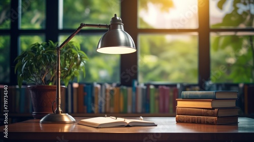 Home workplace library with wooden table, books and desk lamp near window on blur nature background.