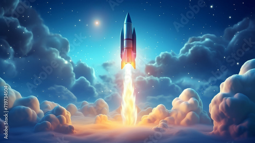 A painting depicting a rocket launching into the sky with clouds of smoke surrounding it. Startup concept © Serhii