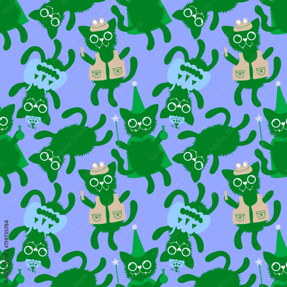 Obraz premium Halloween cats seamless cartoon animals carnival frogs and pumpkins and wizard pattern for wrapping paper