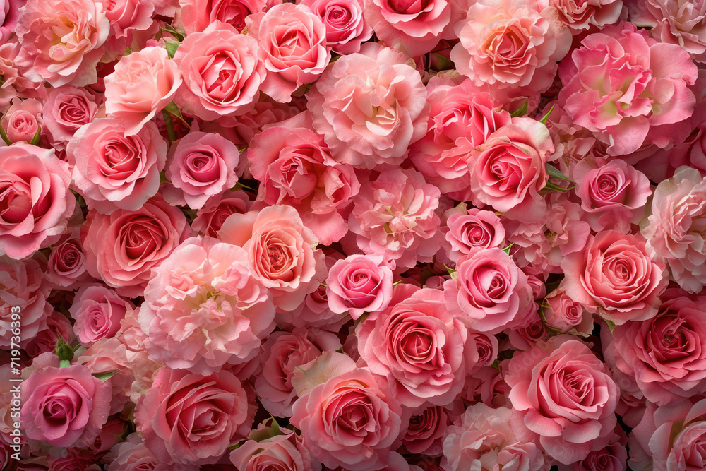Romantic Rose Bouquet on Pink Floral Background: Captivating Beauty of Blooming Nature Romantic Rose Bouquet on Pink Floral Background: Captivating Beauty of Blooming Nature