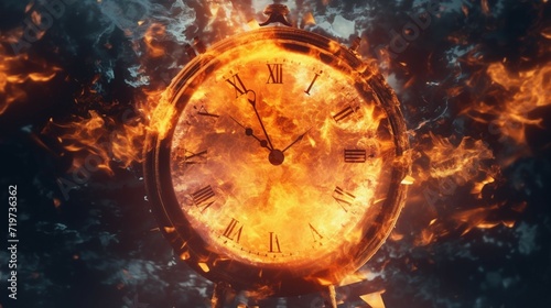 Clock on fire hands distorted as time burns away Ai Generative