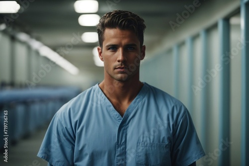 Male Medical Professional in Scrubs Standing in Hospital Hallway. Generative AI. photo