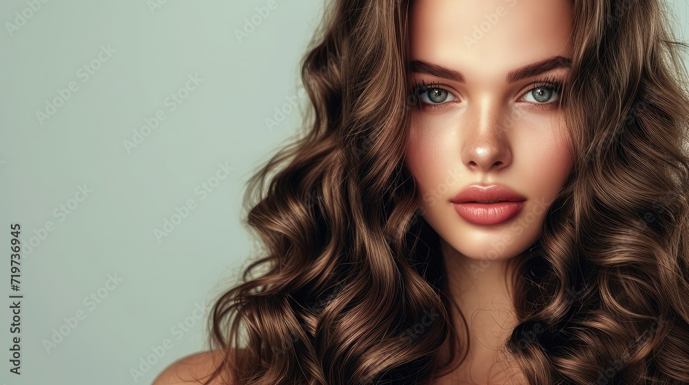 Naklejka premium Brunette girl with long and shiny wavy hair . Beautiful model with curly hairstyle