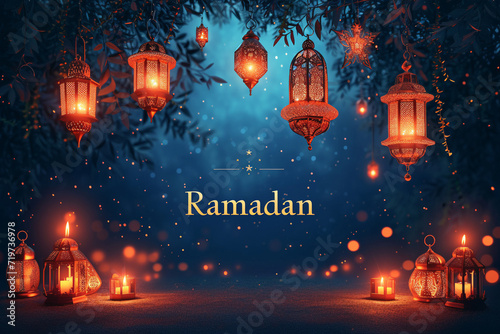 Ramadan Kareem arabic lanterns and moon, Generative Ai