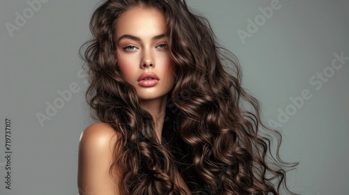 Brunette girl with long and shiny wavy hair . Beautiful model with curly hairstyle