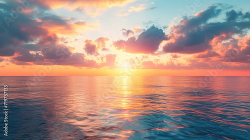 Calm sea with sunset sky and sun through the clouds over. Meditation ocean and sky background. Tranquil seascape. Horizon over the water. © buraratn