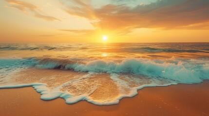 Closeup sea sand beach. Panoramic beach landscape. Inspire tropical beach seascape horizon. Orange and golden sunset sky calmness tranquil relaxing sunlight summer mood