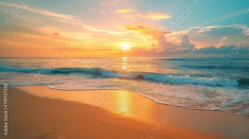 Fototapeta Naklejka Na Ścianę i Meble -  Closeup sea sand beach. Panoramic beach landscape. Inspire tropical beach seascape horizon. Orange and golden sunset sky calmness tranquil relaxing sunlight summer mood