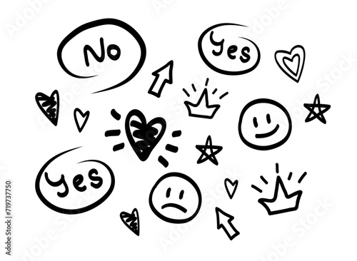 Set of scribbles and hand drawings. Heart, stars, emoticons, crown, lettering. Speech bubbles with arrows. Doodle. Figures and silhouettes. Abstract elements. Isolated. Background