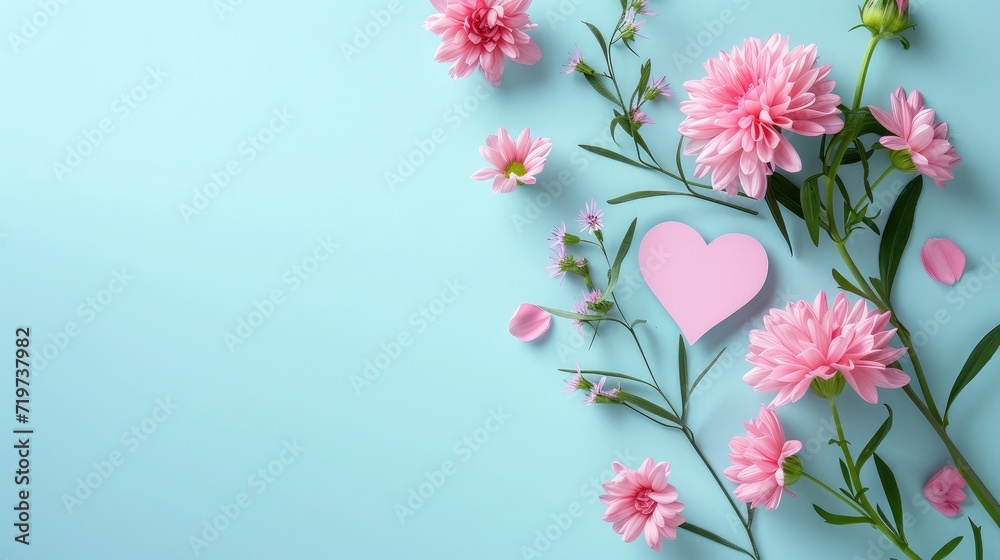 Creative layout with pink flowers, paper heart over punchy pastel background. Top view, flat lay. Spring, summer or garden concept. Present for Woman day