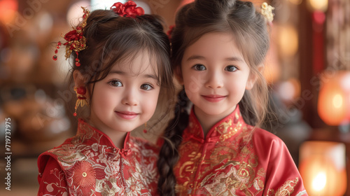Two siblings at chinese new year celebration