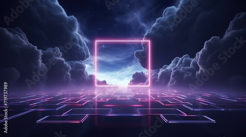 Abstract background with neon pink pastel light frame in clouds os smoke. AI generated image