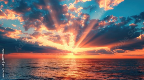 Dramatic Colorful Sunset Sky over Mediterranean Sea. Clouds with Sunrays. Cloudscape Nature Background.