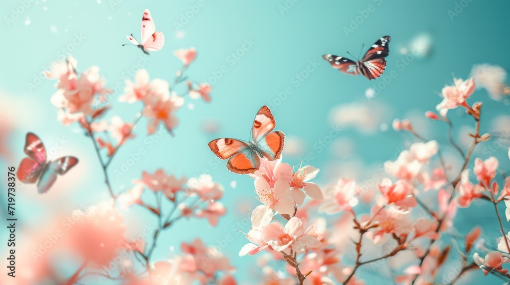 Spring background with close-up colorful butterflies fluttering around pink and white blossoming branches, joyful and lively