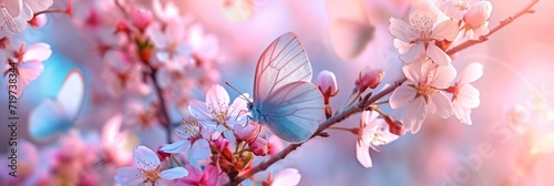 Spring background with close-up colorful butterflies fluttering around pink and white blossoming branches, joyful and lively
