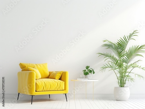 Front view yellow armchair and plant in living room on white background
