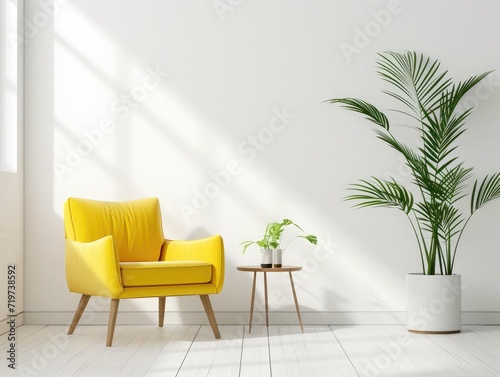 Front view yellow armchair and plant in living room on white background