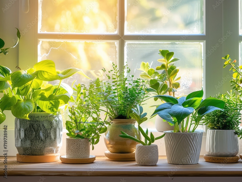House plants display. Indoor plants in window