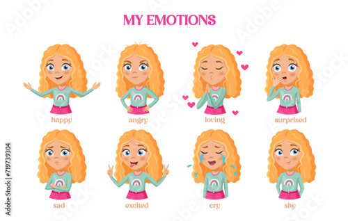 Cute cartoon curly girl character with different emotions.
