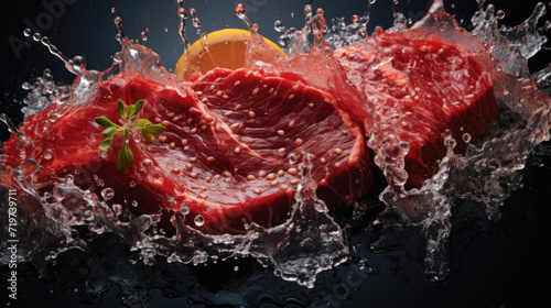 Fresh raw piece of meat falls into liquid on a black dark background with splashes of water. Concept of buying farm healthy food at street market. Grocery store. Butcher shopю Meat of cow, pig, sheep