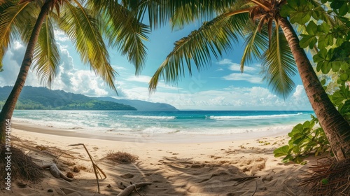 panorama of tropical beach with coconut palm trees © buraratn