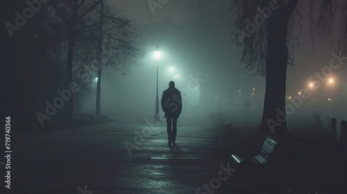 Sad man alone walking along the alley in night foggy park Back view