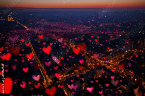 Saint Valentine theme. Hearts fall into the big city with a bird's eye view