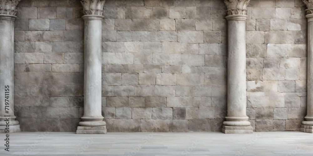 Weathered stone wall adorned with columns.