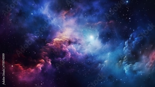 Beautiful panoramic space background with nebula and stars at night view. AI generated image