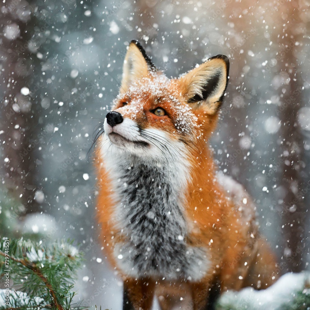 Obraz premium Red Fox in the Forest, Looking up at the snow falling