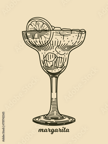 Hand drawn alcoholic cocktail. Vintage poster with glass of margarita beverage. Retro sketch with tequila and liqueur. Design for bar menu. Linear flat vector illustration isolated on background