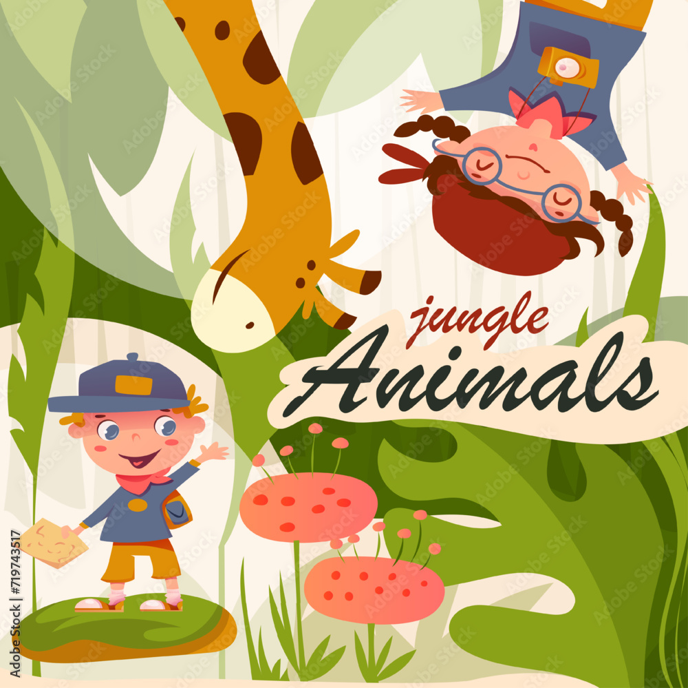 Jungle Animals Poster. Banner with adorable boy and girl exploring wild life of African jungle with giraffe. Curious childrens and savanna beasts. Design for cover. Cartoon flat vector illustration