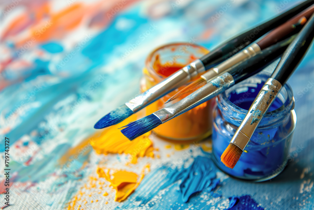 Vibrant Paintbrushes and Colors on Artistic Canvas