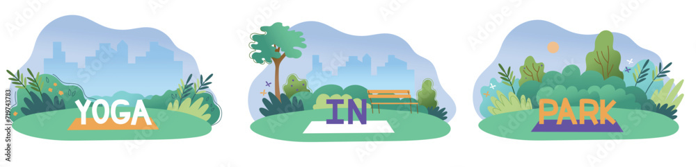 Outdoor Sport in City Park. Beautiful green meadow with mats for yoga, meditation and fitness. Urban Garden for Recreational activities. Cartoon flat vector illustration set isolated on background