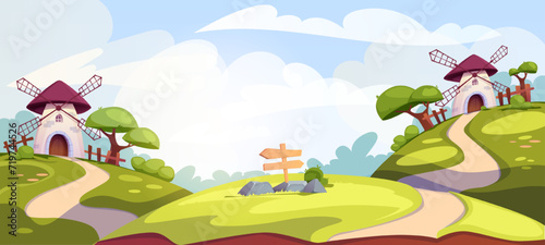 Landscape with windmill. Colorful stylized banner with village scenery with green hills, roads and trees. Background for games, videos and graphical interface. Cartoon flat vector illustration